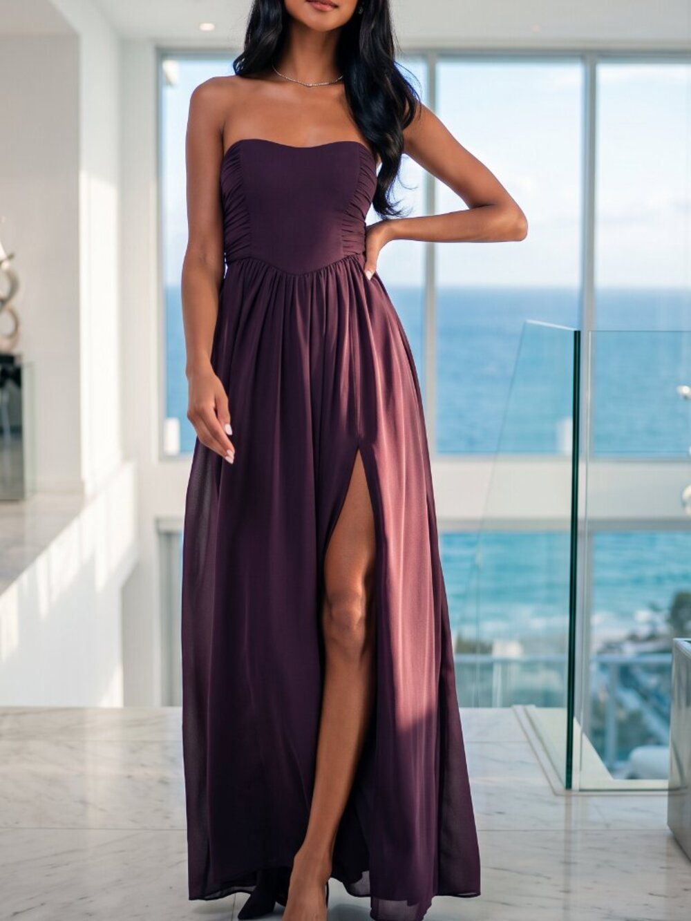 NWT LULUS luxe favorite strapless ruched sides plum berry maxi dress M